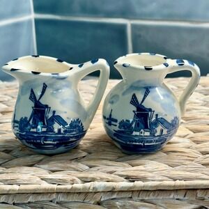 2 Vintage Delft Blue & White Windmill Miniature Creamer Pitchers Made in Japan‎